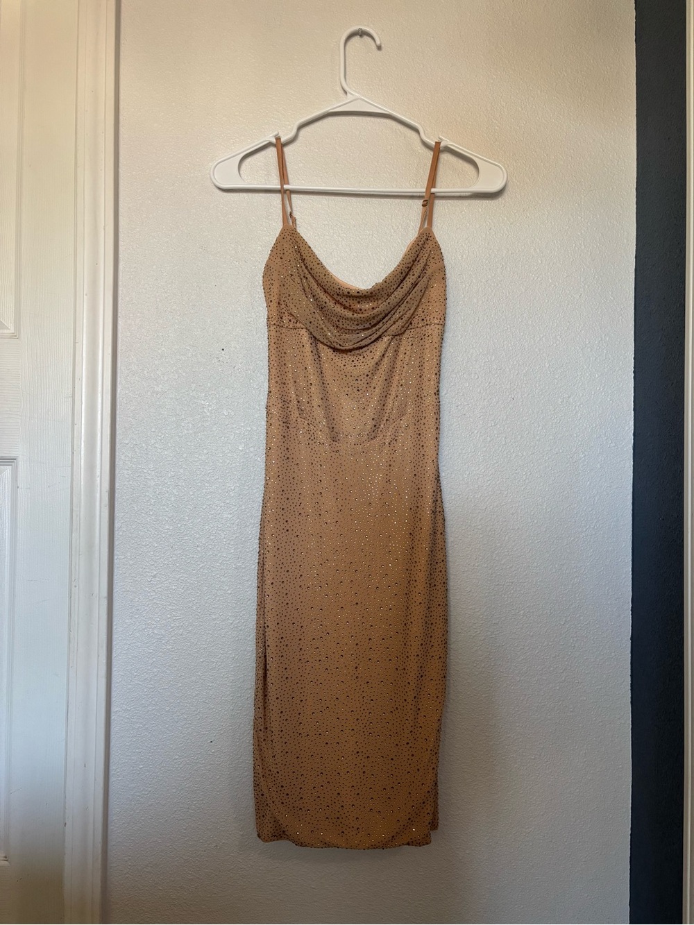 Oh Polly Tan Beaded Cowl Midi Dress